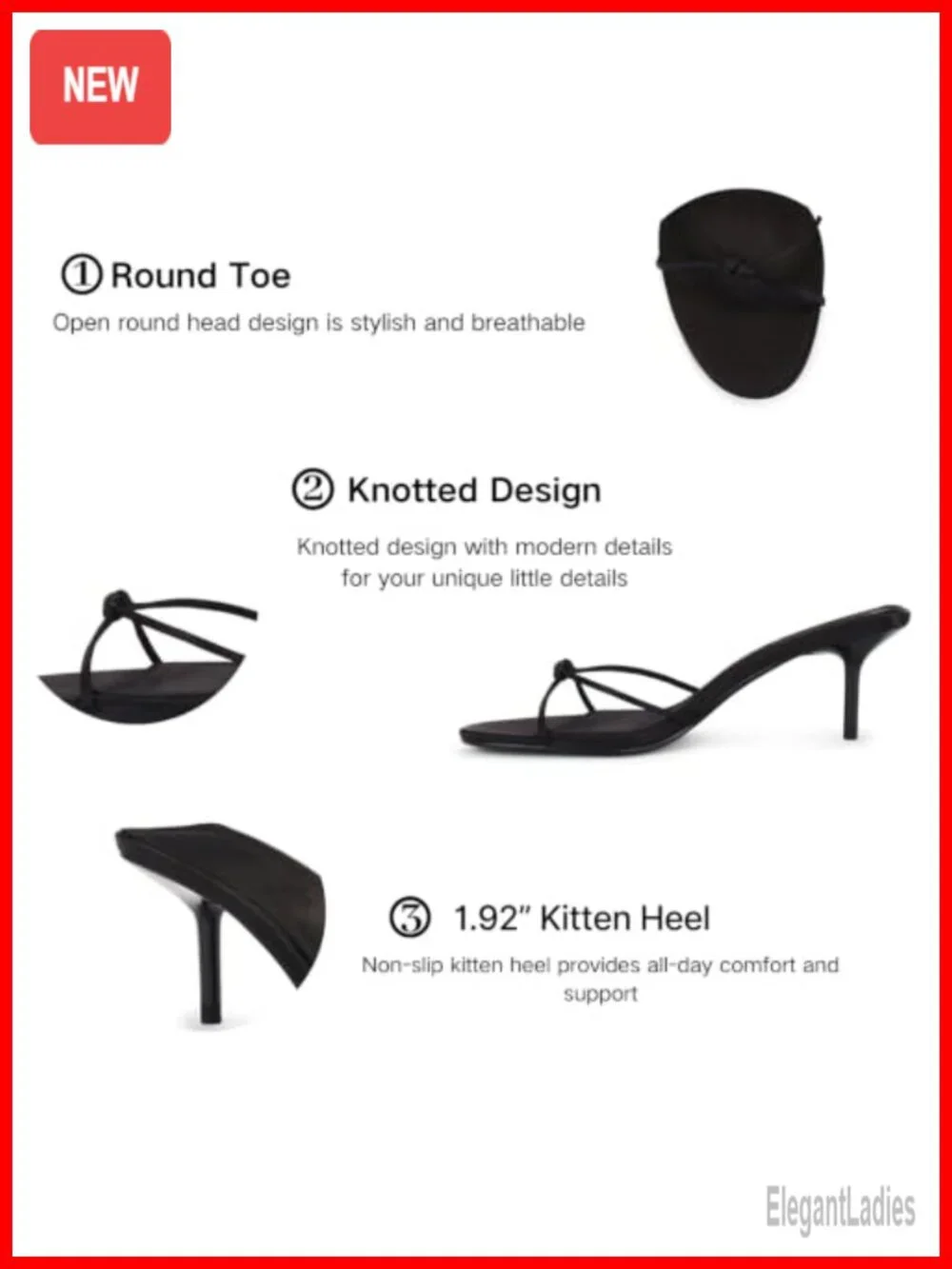 Kitten Heel Sandals Slip On Mules Open Round Toe Strappy Heels